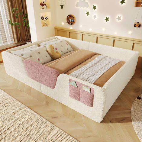 Cama tapizada 140x190 cm de terciopelo beige, con barreras de seguridad desmontables y bolsillo lateral (1/5)