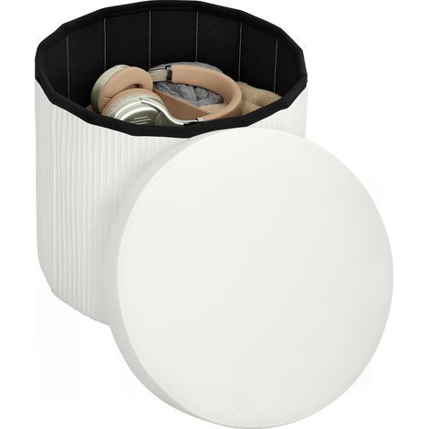 Banc coffre ottoman de rangement, coffre de rangement pliable, 35 L, 38 x 38 x 38 cm, revêtement en velours, coffre de rangement rond crème (1/5)