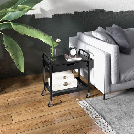 Carrito multiusos con 1 cajón, 1 estante, 4 ruedas, carrito de cocina, negro