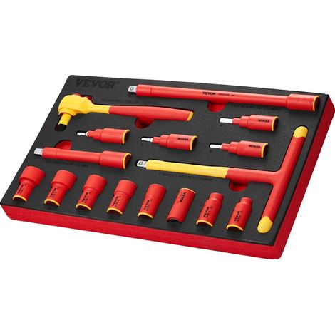 VEVOR Set di Chiavi Isolate 425 x 245 x 62 mm Set di Strumenti per Prese Isolate 16 Pezzi, 1000 V con Prese Isolate, Chiave con Impugnatura a T, Cricchetto, Nero Giallo/Rosso, Riparazioni Domestiche (1/5)
