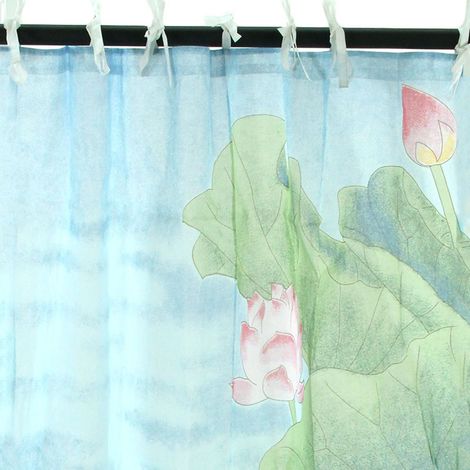 LOTUS - Voilage 100% coton à nouettes fleurs de lotus bleu 110x250 (1/3)