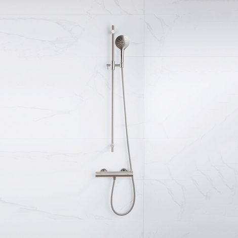 FugaFlow Eccelente Sobrado Ensemble de douche barre curseur avec douchette ronde, flexible en métal et robinet de douche Inox brossé PVD (1/4)