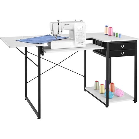 Table de couture, pieds en acier, table pour machine à coudre polyvalente avec tiroirs, tablette latérale pliable, étagère réglable, pour maison, studio d'art, établissement d'enseignement (1/5)
