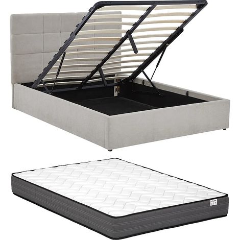 Lit coffre 160 x 200 cm - Tissu - Gris + Matelas - HOPEYA (1/5)