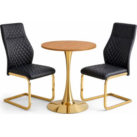 CHICFURN Tavolo rotondo 60 cm in MDF effetto legno, 2 sedie nere, struttura dorata (1/5)