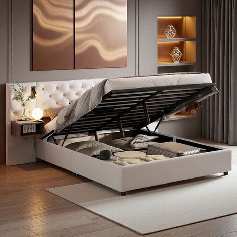 Cama Doble 160x200 - Diseño Moderno - Almacenamiento Baúl - Toma USB-C - Terciopelo Blanco (1/5)