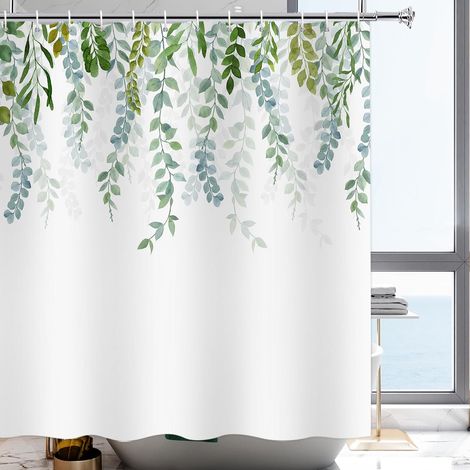 Rideau de Douche en Polyester, Motif Feuilles d'eucalyptus Plantes Naturelles Tissu Lavable pour Rideau de Douche pour Baignoire Salle de Bain, Vert, 200 x 220 cm (l x h) (1/5)