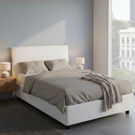 Dmora - Cama matrimonial Dadorn, Cama contenedor con revestimiento de tela, 100% Made in Italy, Apertura frontal, adecuado para colchón Cm 140x190, Blanco (1/5)