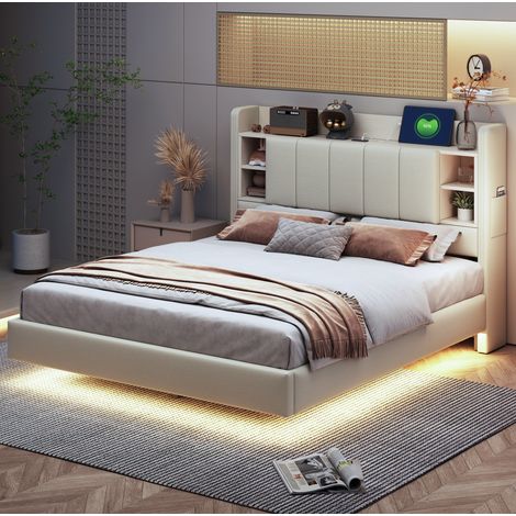 Polsterbett Leinenstoff Beige 140x200 cm mit LED-Lichtleiste, USB-Anschluss, Stauraum und Lattenrost (1/5)