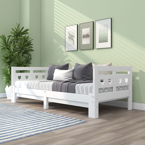 Lit extensible en pin massif blanc forme cœur, 90x200 cm, avec sommier à lattes et 2 couchages