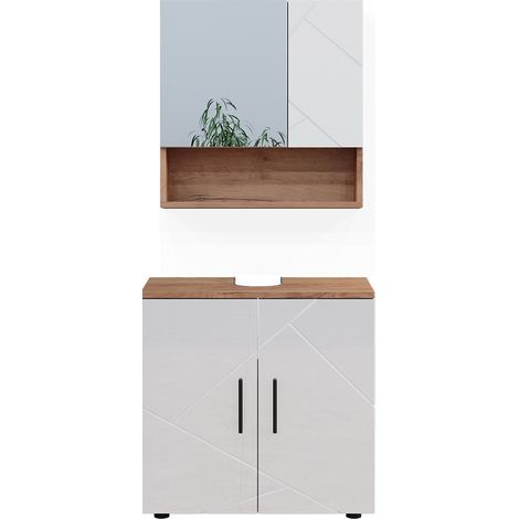 Conjunto de muebles de baño Irma, Blanco brillo intenso/roble dorado, 2 partes, armario bajo 60 cm, Vicco