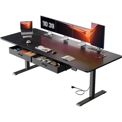 ECOFURNIX - Bureau Rectangulaire Noir - 200 x 80 cm - Design Moderne - 2 Tiroirs Amovibles (1/5)