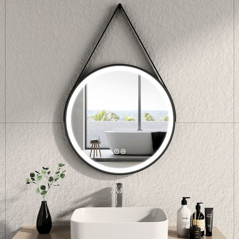 EMKE Espejo de Baño Redondo LED Marco Negro con Correa Ajustable Interruptor Táctil - Diámetro 60 cm Luz blanca fría/cálida/neutra