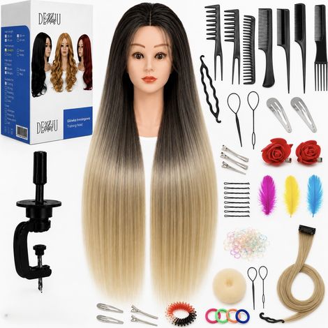 Cabeza de entrenamiento de peluquería femenina para peinar cabello sintético de 70 cm + set de cabello, peine para rellenar moños y recogidos. (1/5)