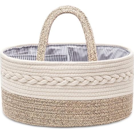 Aufbewahrungskorb für Babywindeln aus gewebter Baumwolle in Weiß-Beige, 36 × 22 × 18 cm, mit stabilen Griffen (1/5)