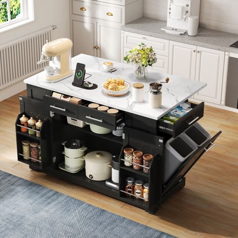 138 cm,Moderne Kücheninsel mit Klapparbeitsplatte, geräuscharmen Rollen, EU-Steckdose, verstellbaren Regalen und Auszieh-Müllraum-Schwarz – Marmor-Arbeitsplatte (1/5)