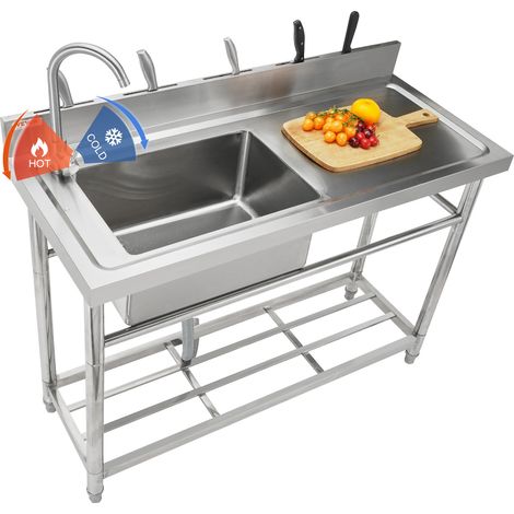 VEVOR Fregadero utilitario de acero inoxidable, fregadero pequeño independiente de 1 compartimento con grifo y patas para banco de trabajo, fregaderos comerciales de un solo tazón 1000x500x950 mm (1/5)