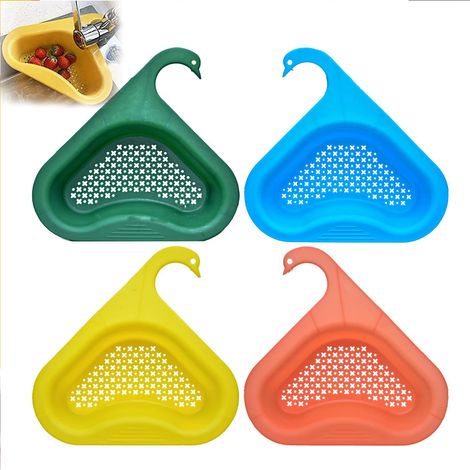 Juego de 4 cestas de drenaje multifuncionales triangulares con forma de cisne para fregaderos de cocina. Se acoplan al grifo y son compatibles con todos los fregaderos. (1/5)