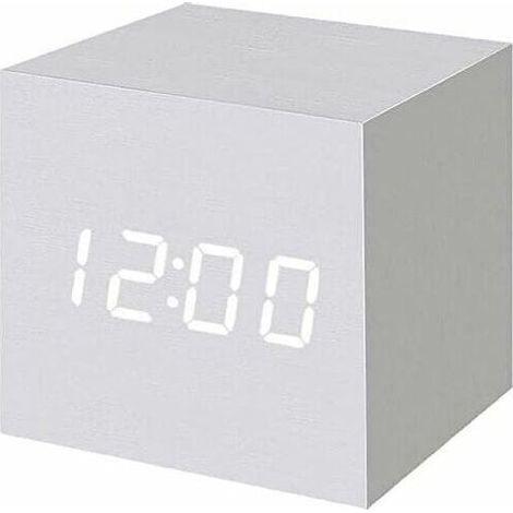 Stück weißer digitaler LED-Wecker aus Holz, digitale Würfeluhr mit Datums- und Temperaturanzeige, USB-/batteriebetrieben (1/5)