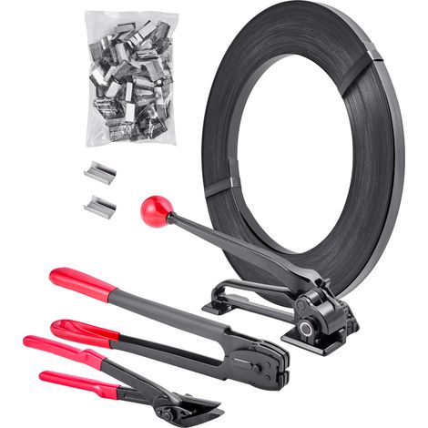 Mophorn Set di reggiatura per cinghie metalliche, rotolo di reggetta flessibile in acciaio da 183 m, 300 sigilli metallici inclusi, strumento manuale per imballaggi industriali, trasporti e magazzini (1/5)