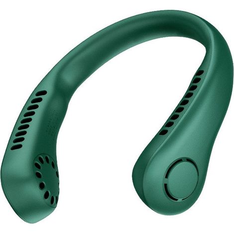 Grüner, blattloser, tragbarer Nackenventilator mit 5 Geschwindigkeitsstufen, Digitalanzeige, 3000 mAh Akkukapazität, USB-Aufladung, kleiner Taschenventilator (1/5)