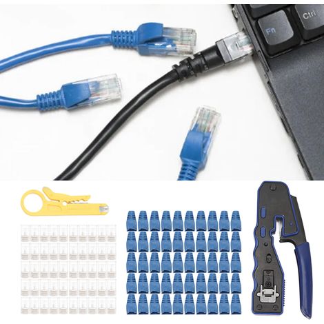 Ce kit de sertissage RJ45 est conçu pour les connecteurs droits Cat5, Cat5e, Cat6 et Cat6a. Il comprend 50 connecteurs Cat6, 50 manchons de connexion et une pince à dénuder. (1/5)