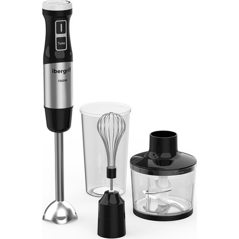 Mixeur Plongeant 1000W 4-en-1 en Acier Inoxydable avec Réglage Continu de Vitesse et Bouton Turbo, Mixer Plongeur Set avec Hachoir 500ml, Verre Doseur 600ml et Fouet (1/5)