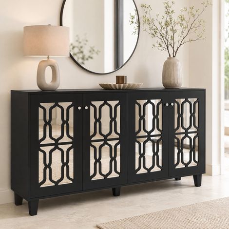 Buffet noir avec portes miroir, 4 portes et étagères mobiles, 160 x 40 x 84 cm HAVRYA (1/5)