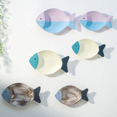 Décoration Murale Sculpture de Poisson Bois Thon pour Style Marin Plage Décor 2 Poissons Hanging Art (1/5)