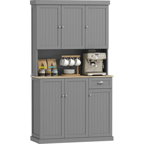 180cm Freestanding Kitchen Cabinet, Modern Storage Cupboard with Open Countertop, Drawer and 6 Doors, Grey (1/5)