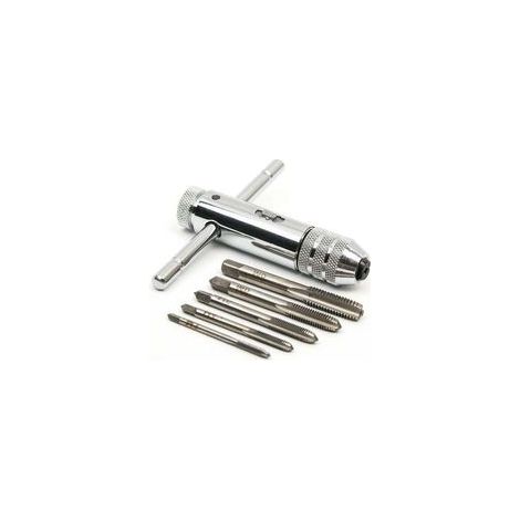 Tarauds manuels, tarauds métriques, tarauds et filières, tarauds M3, M4, M5, M6 et M8, tarauds avec porte-taraud à cliquet commutable (1/4)