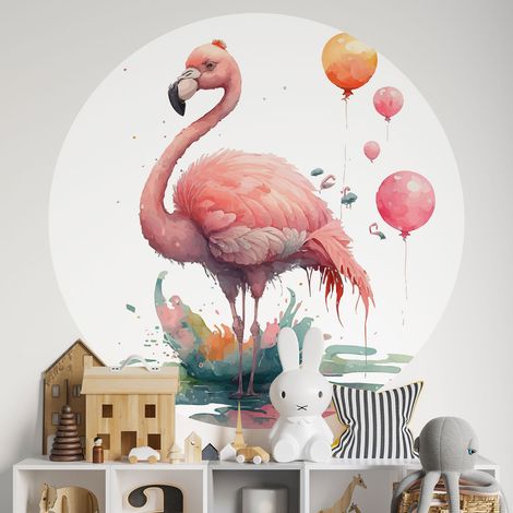 Sticker mural rond / cercle Enfants - Flamant rose - Diamètre 60 cm - Adhésif MAT (1/2)