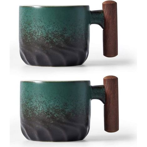 Espressotassen aus Keramik mit Holzgriffen, Espressotassen, Teetassen in 2 Grüntönen – 2 Stück. Kaffeemaschine (1/5)