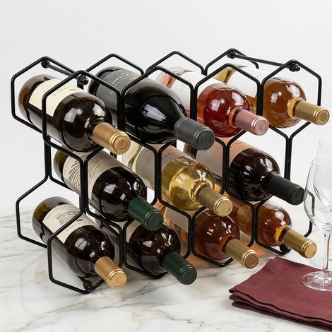 Casier à Bouteilles pour 14 Bouteilles, Casier à Vin Noir en Métal Rangement Bouteille de Vin, Détachable, Petit Porte Bouteille à 3 Niveaux Moderne pour Table, Armoire, Garde-Manger (1/5)