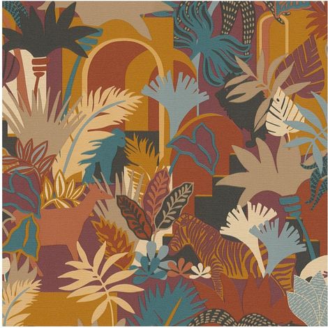 Retro wallpaper wall Profhome 390961 hot embossed non-woven wallpaper slightly textured with jungle elements matt brown orange red ochre yellow teal 5,33 m2 (1/5)