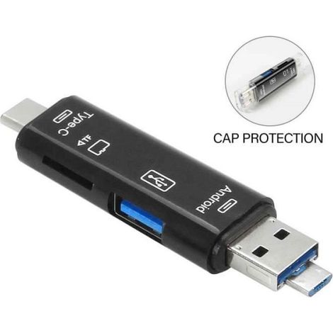 Lecteur De Carte - 5 En 1 - USB 3.0 Et Type-C - Pour Memory Stick Mini Et Cartes Tf Micro Sd - Noir - 1 Pièce