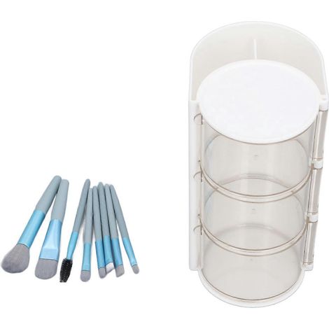 Boîte de rangement pour houppettes et 8 pinceaux de maquillage, en plastique transparent anti-poussière, rotative à 3 niveaux.