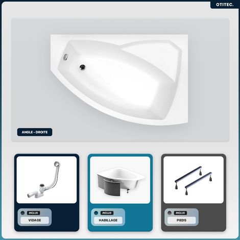 Baignoire asymétrique - 150 x 95 cm - Droite - avec Habillage - Pieds - Vidage Chrome - RIMA (1/5)