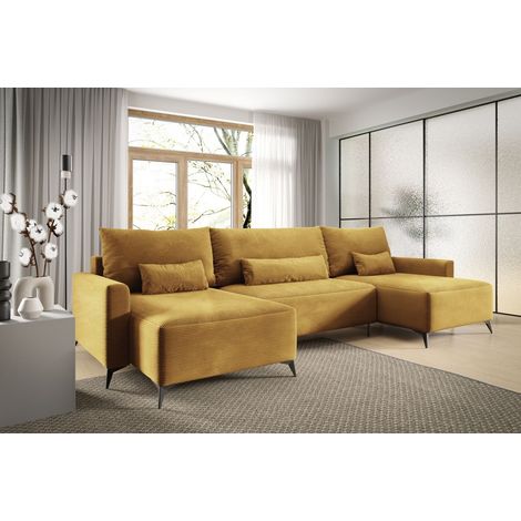 Wohnlandschaft mit Schlaffunktion SILVES Sofa U-Form Stoff Poso Honiggelb