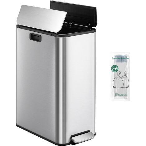 Poubelle de Cuisine, Poubelle Double Compartiment Étroite de 2 x 28 Litres, Système de tri des Déchets de Cuisine, Livrée avec 15 sacs Poubelle adaptés, Argent (1/5)