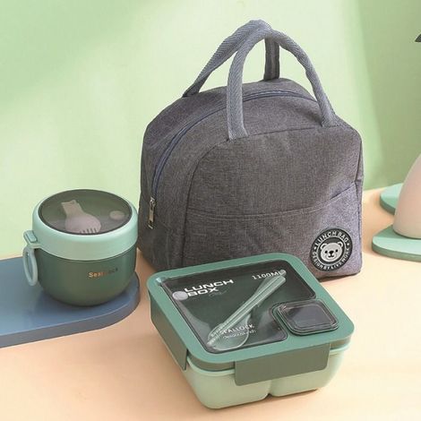 Boîte à lunch - 1100 ml + 1 bol à soupe - Sac isotherme - Élégante - Pratique - Verte (1/4)