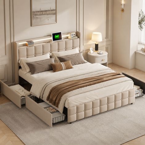 Lit adulte 180x200 cm avec 4 Tiroirs, Fonction de Charge USB, Tête De Lit LED, Lit Capitonné 2 Personnes avec Rangement, Sommier à Lattes, sans Matelas, en Lin, Beige (1/5)