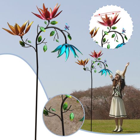 Moulin A Vent En Metal - 3 Fleurs Tournantes Et Papillons - Décoration Extérieure Pour Jardin Et Cour - 180 X 30 Cm - 1 Pièce (1/5)