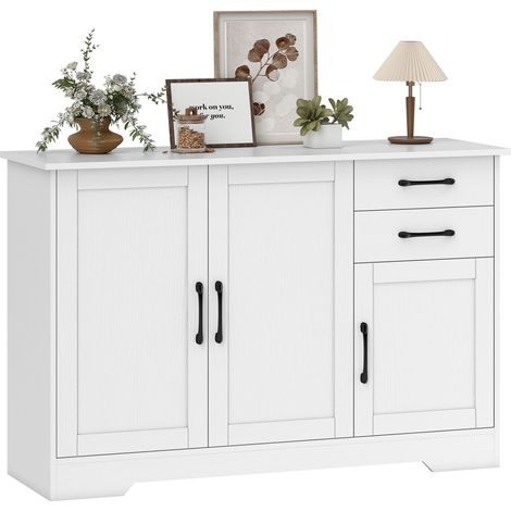 Credenza, mobile contenitore con 3 ante, 2 cassetti e ripiano regolabile, 120 x 38 x 79 cm, bianco