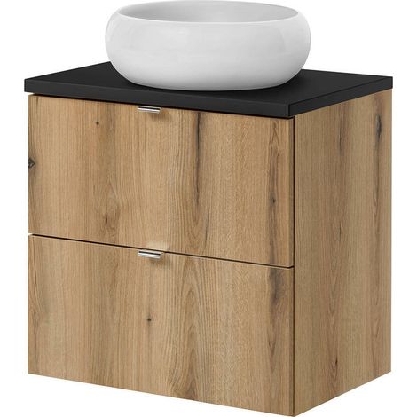 Mobile Pensile Sottolavabo Newport con 2 Cassetti e Lavabo Rotondo Bianco 60x72x40 cm - Effetto Rovere/Nero [en.casa]
