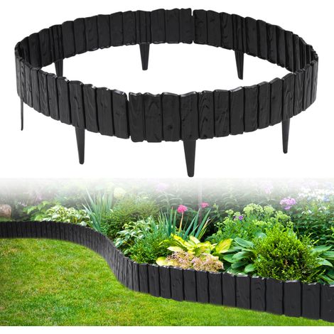 Randaco 4 Stück Rasenkante Holzoptik Beeteinfassung Beetzaun Beetumrandung Kunststoff für Garten, Wiese 2,3m Schwarz