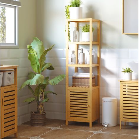 CHICFURN Armario de baño de bambú natural 36 x 33 x 140 cm, 3 nichos abiertos (1/5)