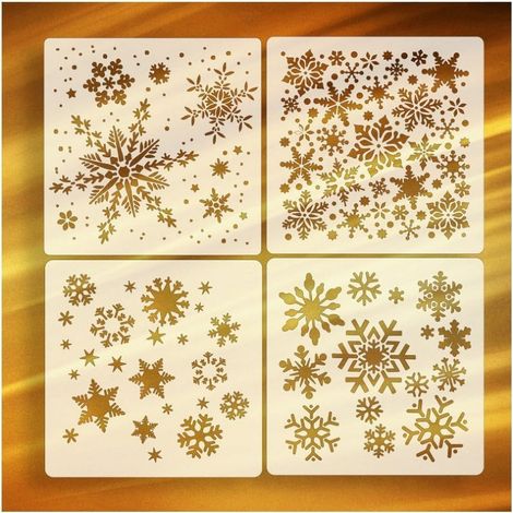 Pochoir Flocon De Neige - Pochoir Réutilisable En Plastique PET - Pour Peinture Sur Bois Vitre Carte De Voeux Salle De Bain - 4 Pièces 20x20 Cm (1/4)