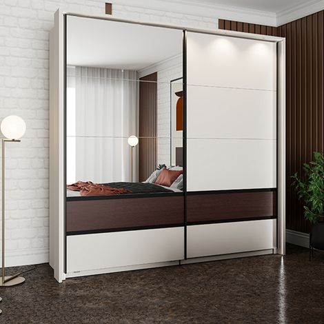 Garderobe 2 Türen Vangvi, Schlafzimmer Schrank 2 Regalböden, Kleiderstange, Schiebetür, 220x217h cm Cremeweiß (1/5)