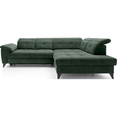 Canapé d'angle convertible tissu velouté KARIN - Coffre et appuis-tête réglables angle droit-Vert foncé-angle droit (1/5)